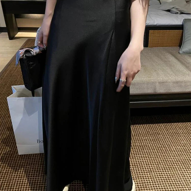 HOUZHOU Elegant Satin Skirt Summer Women Korean Fashion Solid High Waist Casual Long Skirts White Streetwear Office Lady Black
