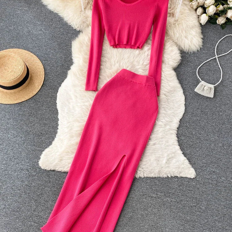 SINGREINY Autumn Sweater Two Pieces Suits Long Sleeves Knit Top+ Elatic Waist Slim Split Long Skirt Sets Women Warm Knitted Suit