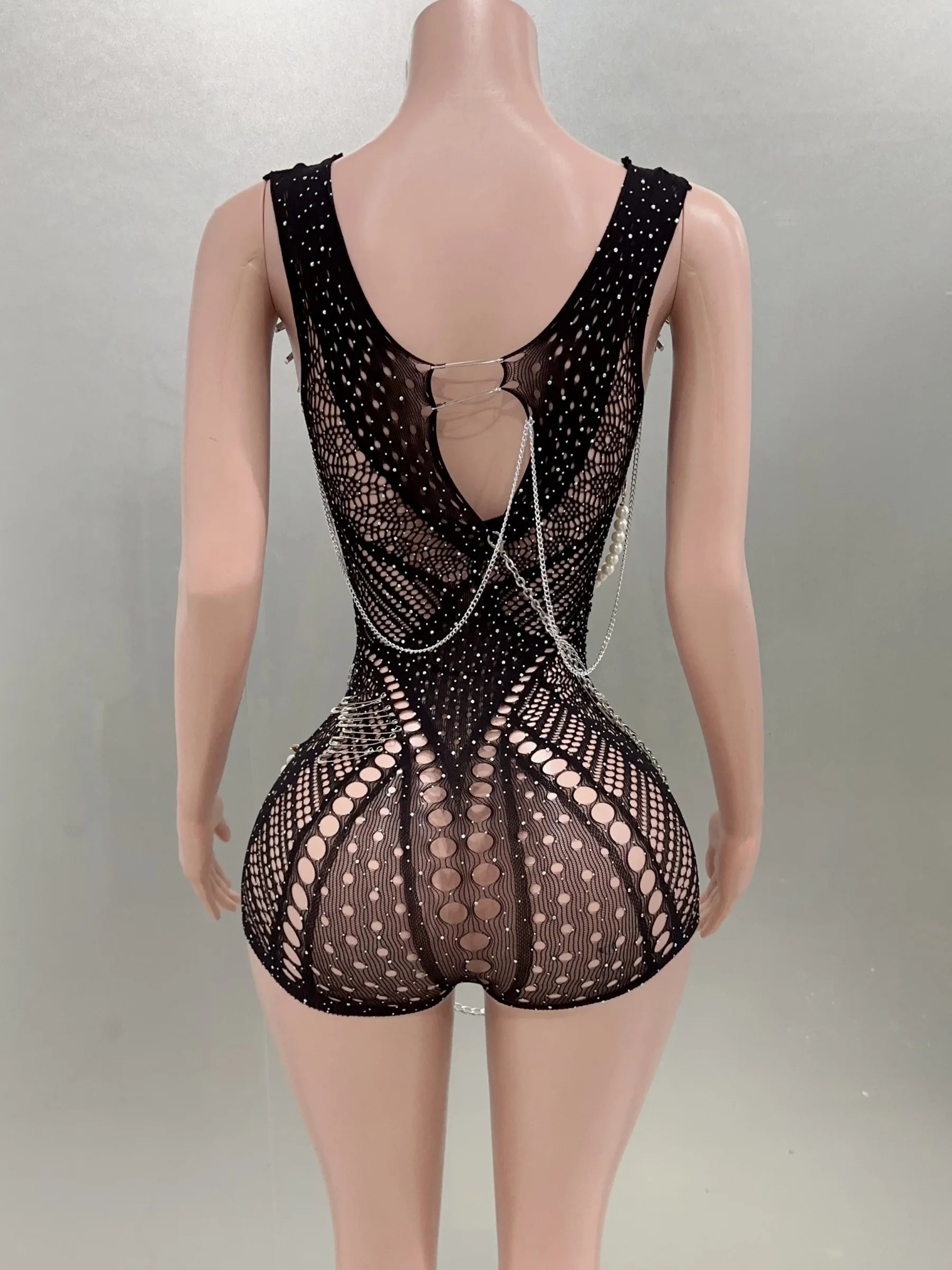Celebridade Moda Boate Festa Aniversário Roupas Mulheres Sexy Malha Transparente Bodycon Beading Playsuit Performance Costume