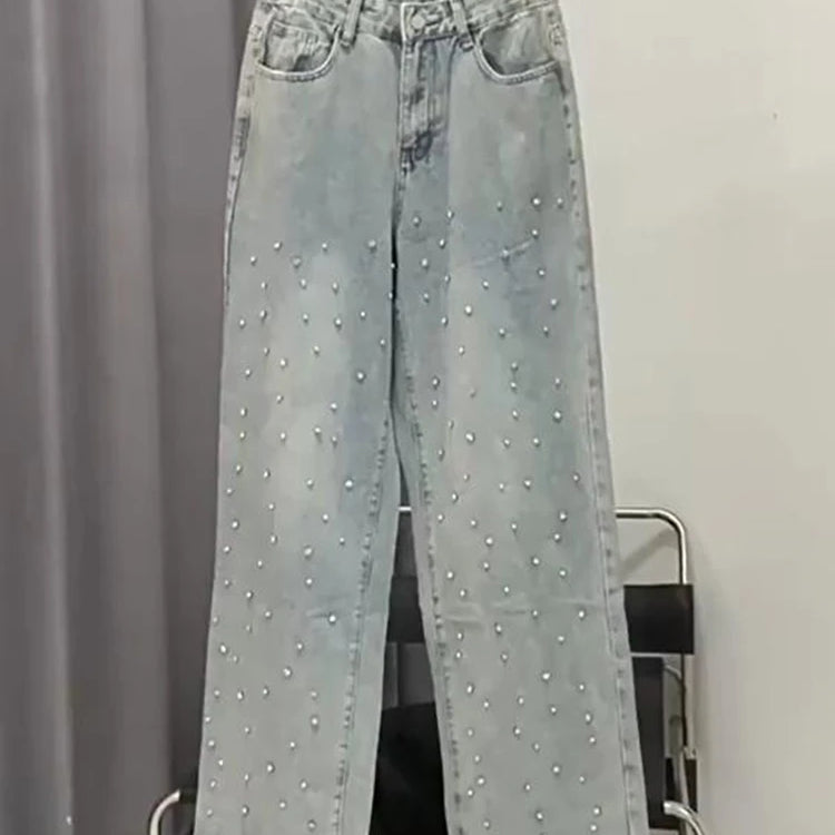 Patchwork Diamonds Casual Denim Trousers For Women High Waist Spliced Button Solid Loose Straight Jeans Female Fashion Blue
