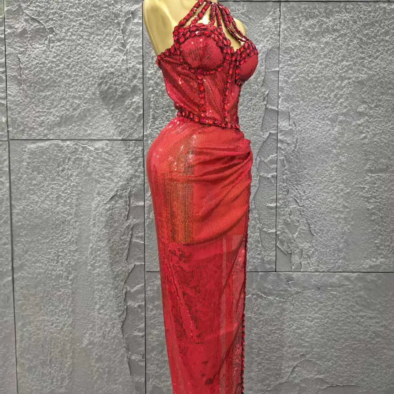 Red Color Women Sexy Off the Shoulder Shinning Crystal 2 Pieces Bodycon Long Dress Celebrate Birthday Party Nigtclub Outfit