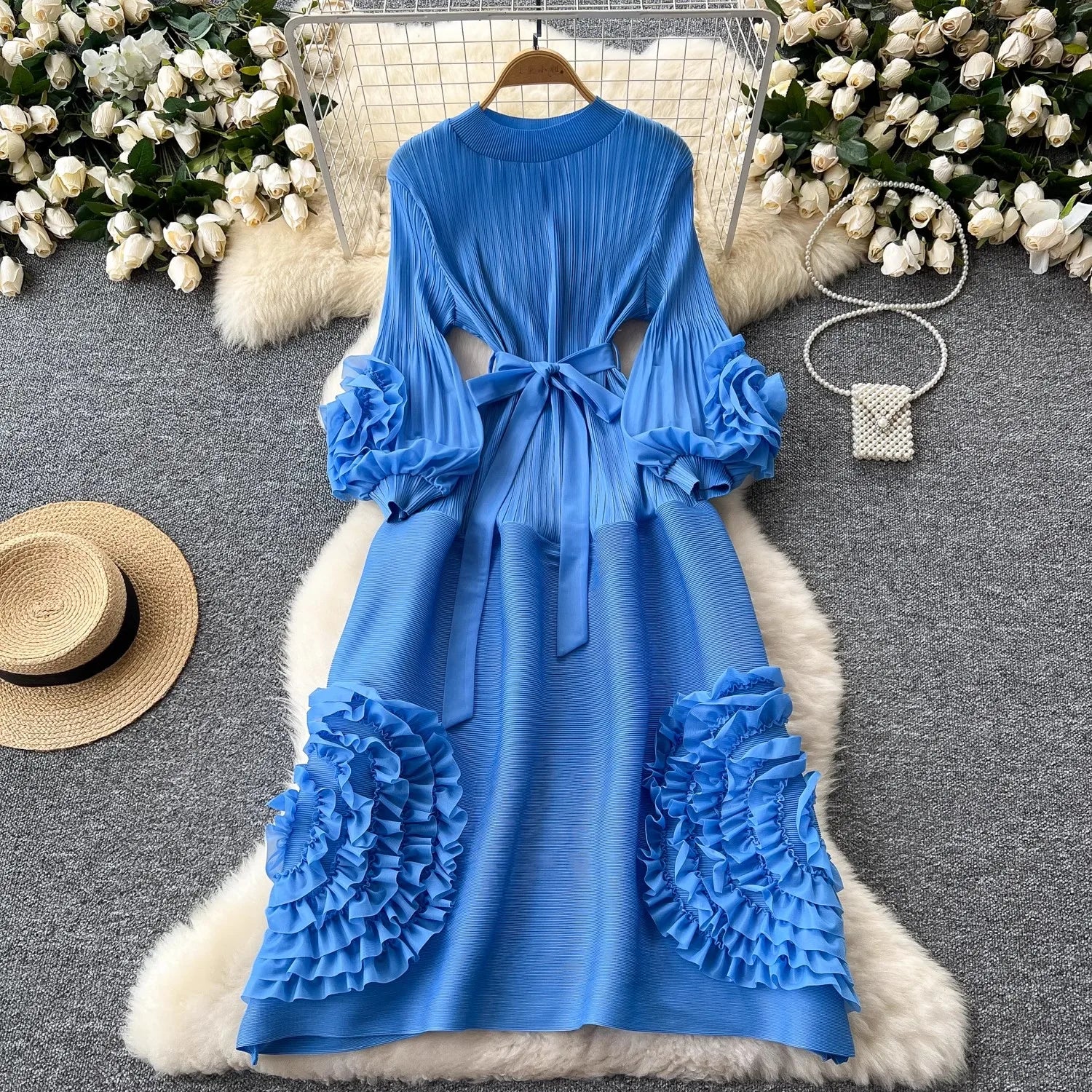 New Miyake High End Tied Up Oversize Pleated Long Robes Turtleneck Bubble Petal Sleeves High Waist Formal Dresses Women Clothing