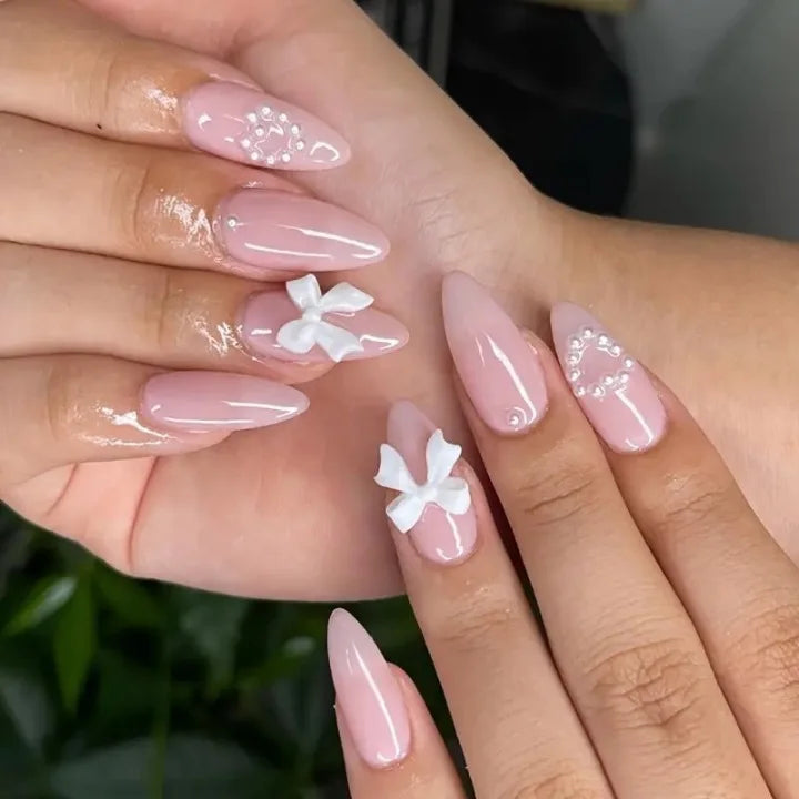 24Pcs Mid-length Brown French Almond Nails Set Press on White Dot Detachable False Nails 3D Bow Pearl Full Cover Fake Nails Tips