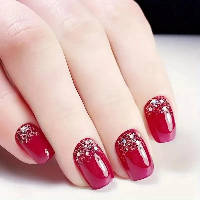24pcs/set short medium fake nails square ballet tips new year red gradient colors with glitters faux ongles press on false nail