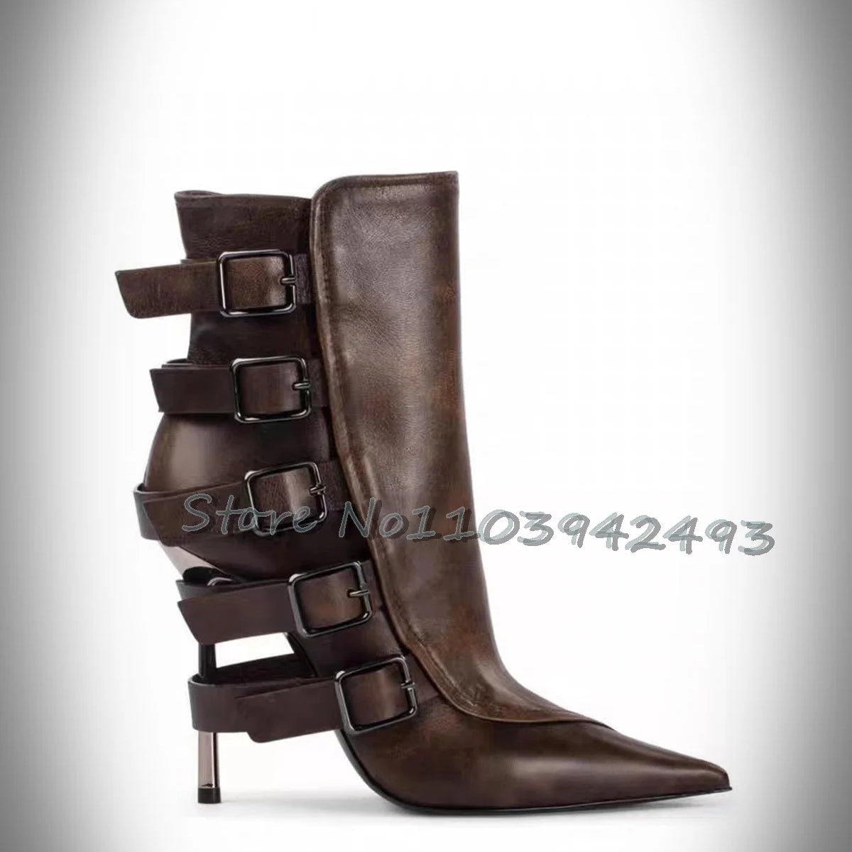 Stylish Brown Strappy Boots Pointed Toe High Heels Mid-calf Chunky Heel Fashion Women's Shoes Black Chic Buckle Outer 2025 New