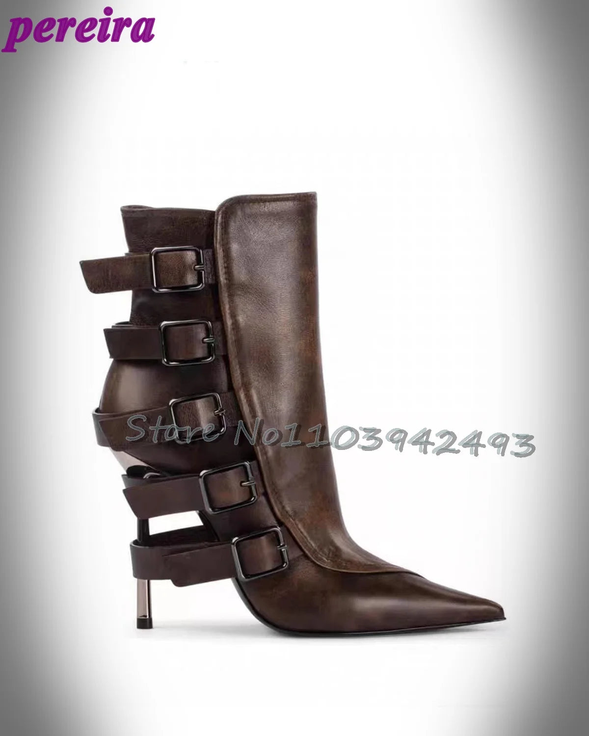 Stylish Brown Strappy Boots Pointed Toe High Heels Mid-calf Chunky Heel Fashion Women's Shoes Black Chic Buckle Outer 2025 New