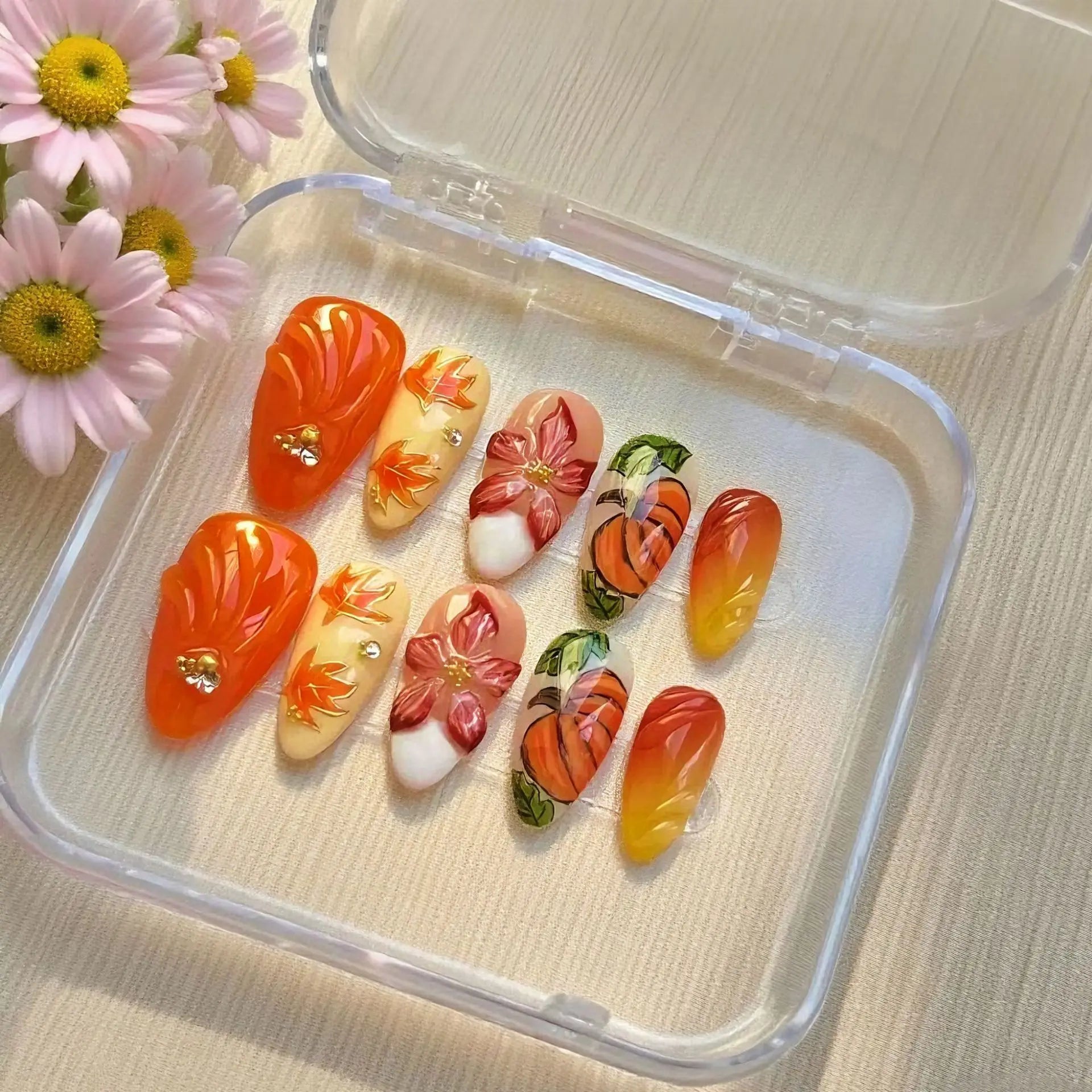 24Pcs Gilded 3D Flower Press on Nails Black French Leopard Print False Nails Mid-length Almond Wearable Full Cover Fake Nail Tip