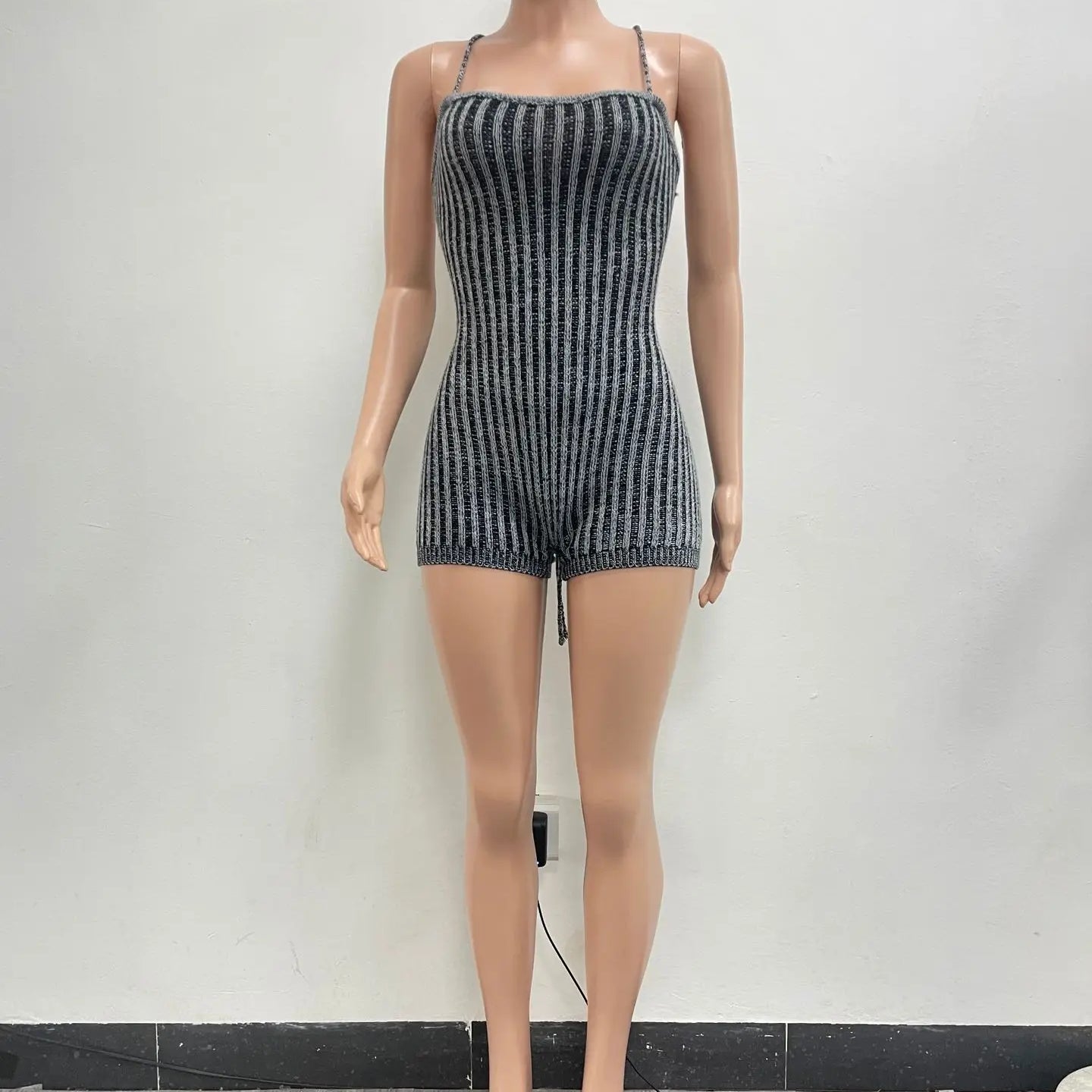 CM.YAYA Women Knitted Sleeveless Strap Short Jumpsuits Street 2024 Summer Striped Casual Sexy One Piece Suit Romper Playsuits