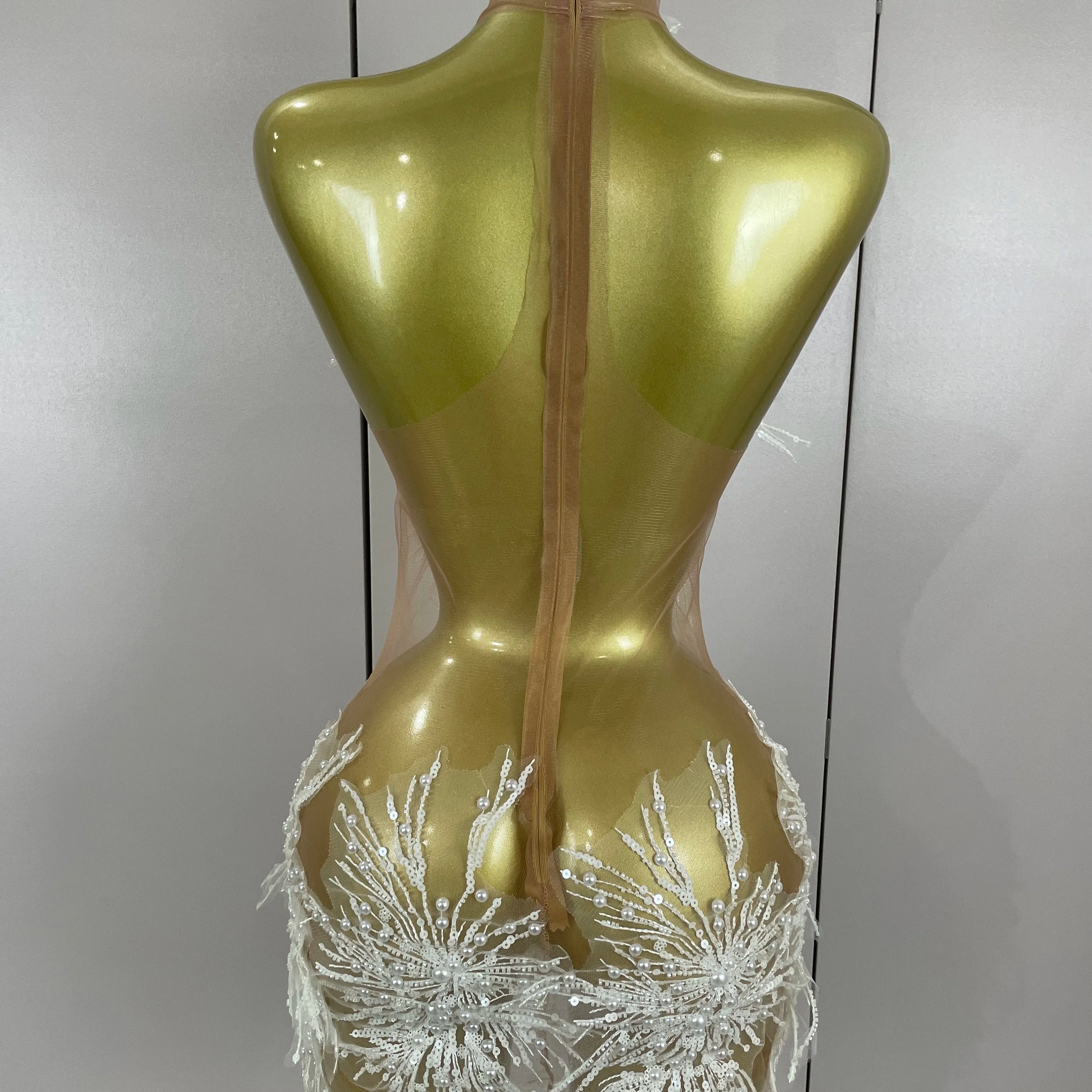 Stock Women Sexy Mesh See Through Pearl Lace Party Mini Dress Celebrate Birthday Photo Shoot Wear Performance Stage Costume