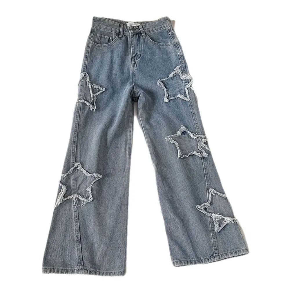 Denim Popular Ins Fashion Korean WIth Star Spring Autumn New High Waist Straight Leg Loose Fitting Jeans