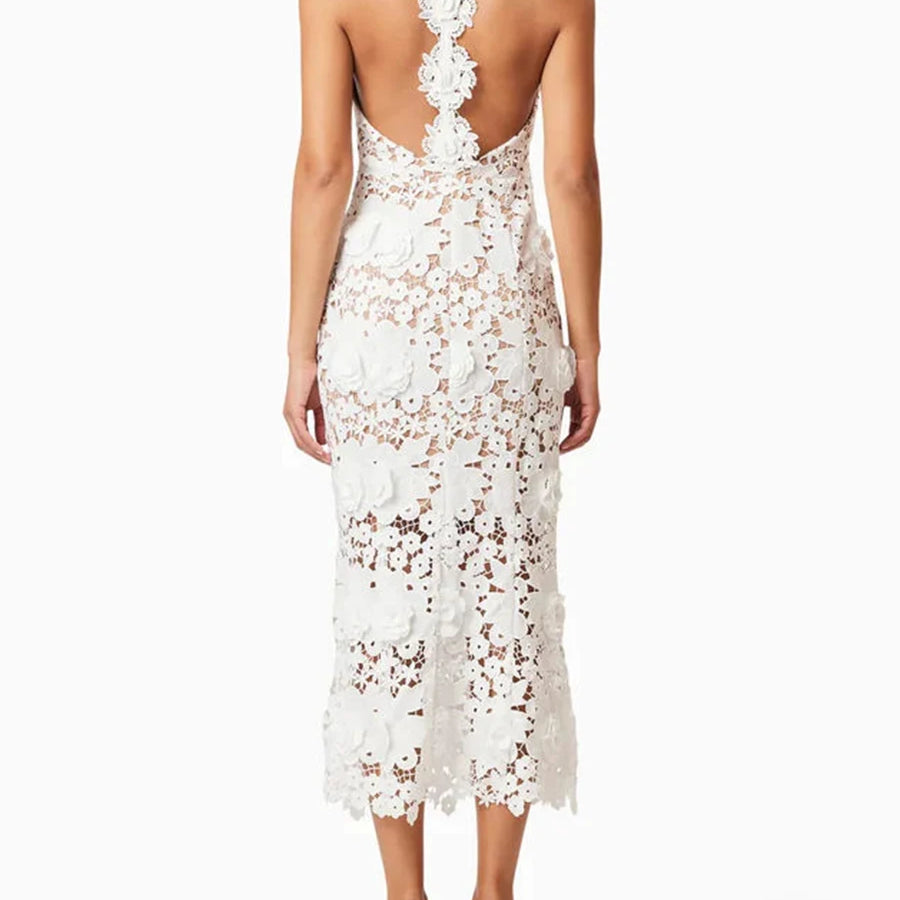 TWOTWINSTYLE Solid Slimming Hollow Out Dresses for Women Halter Neck Sleeveless Patchwork Appliques Elegant Dress Female Fashion