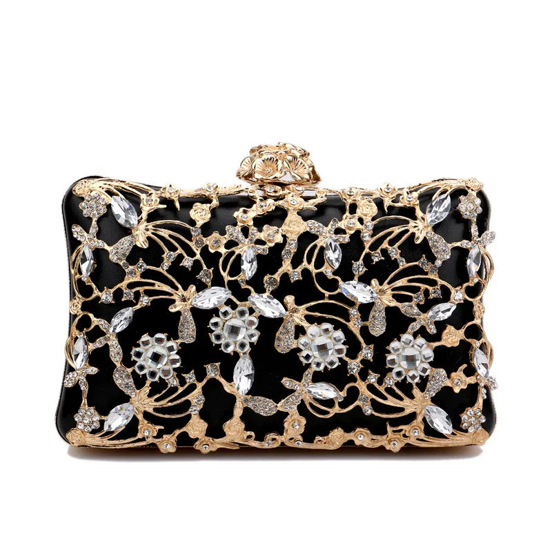 Rhinestones Women Bags Hollow Out Style Fashion Evening Bags Chain Shoulder Handbags Party Wedding Day Clutch Purse YM3107black