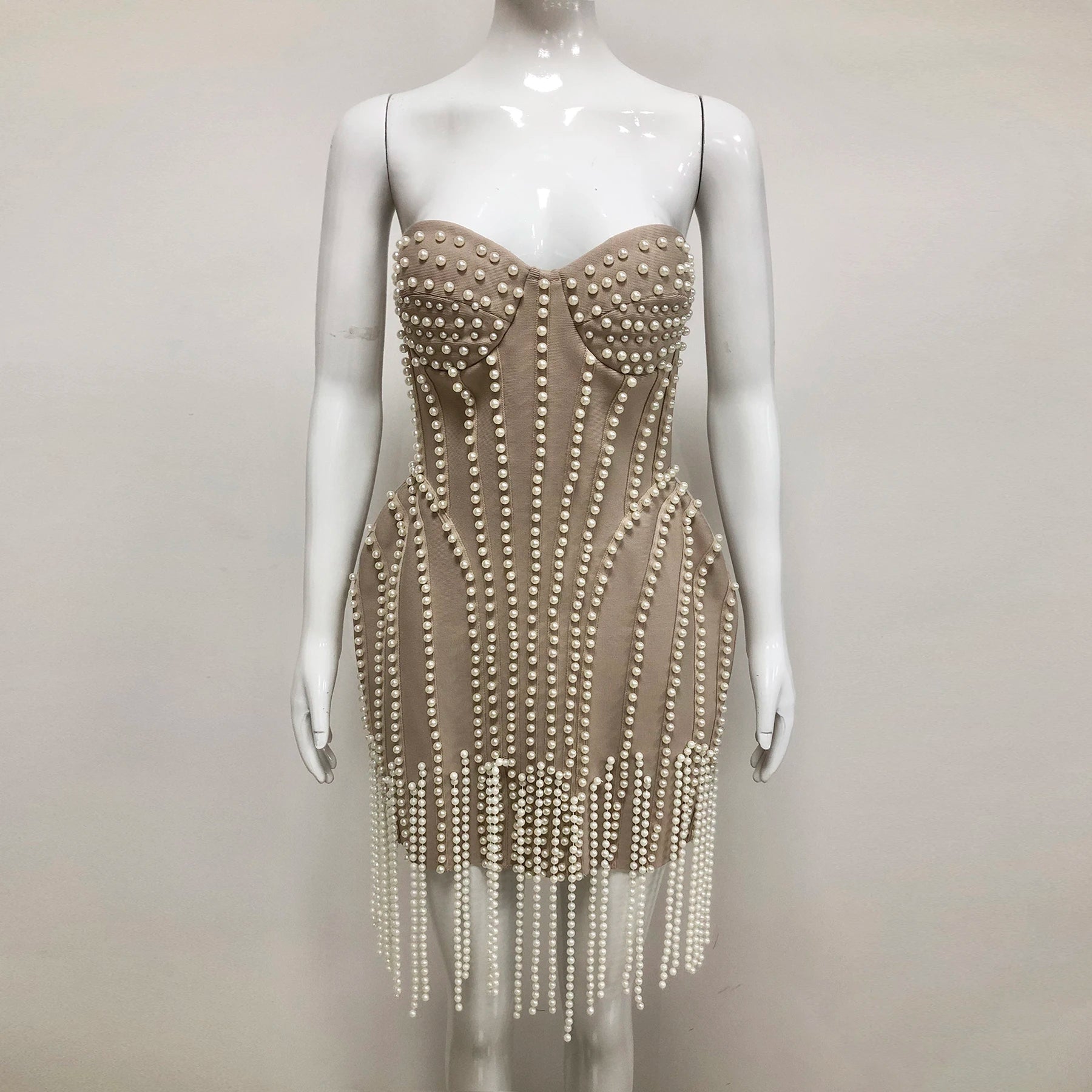 Exquisite Pearl Beading Strapless Khaki Color Bandage Mini Dress Fashion Woman Birthday Party Vestido Evening Party Outfit