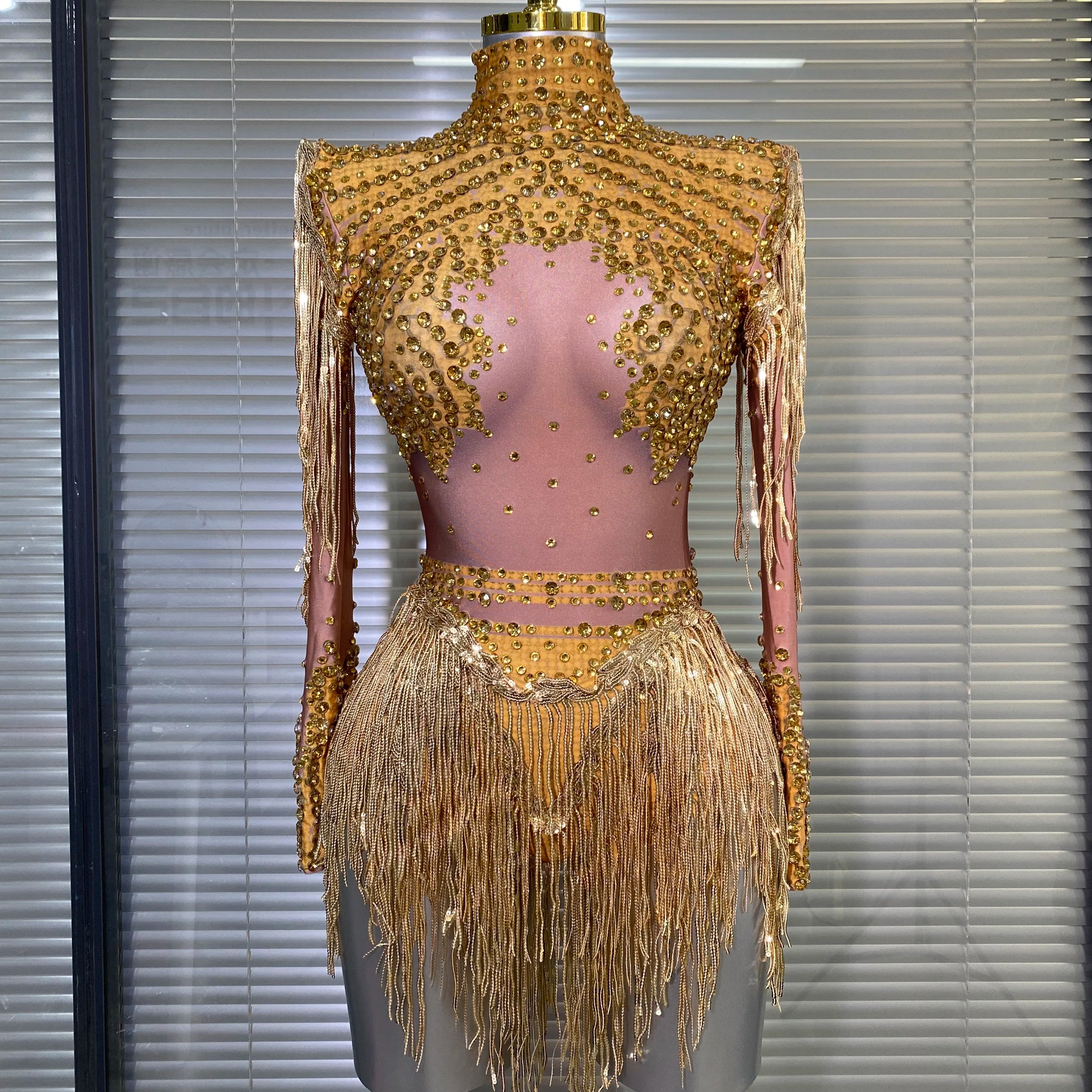 Women Sexy Skin Whtie Red Gold Crystal Stretchy Night Club Singer Dancer Tassel Dancer Red Stage Costume Party Bodysuit