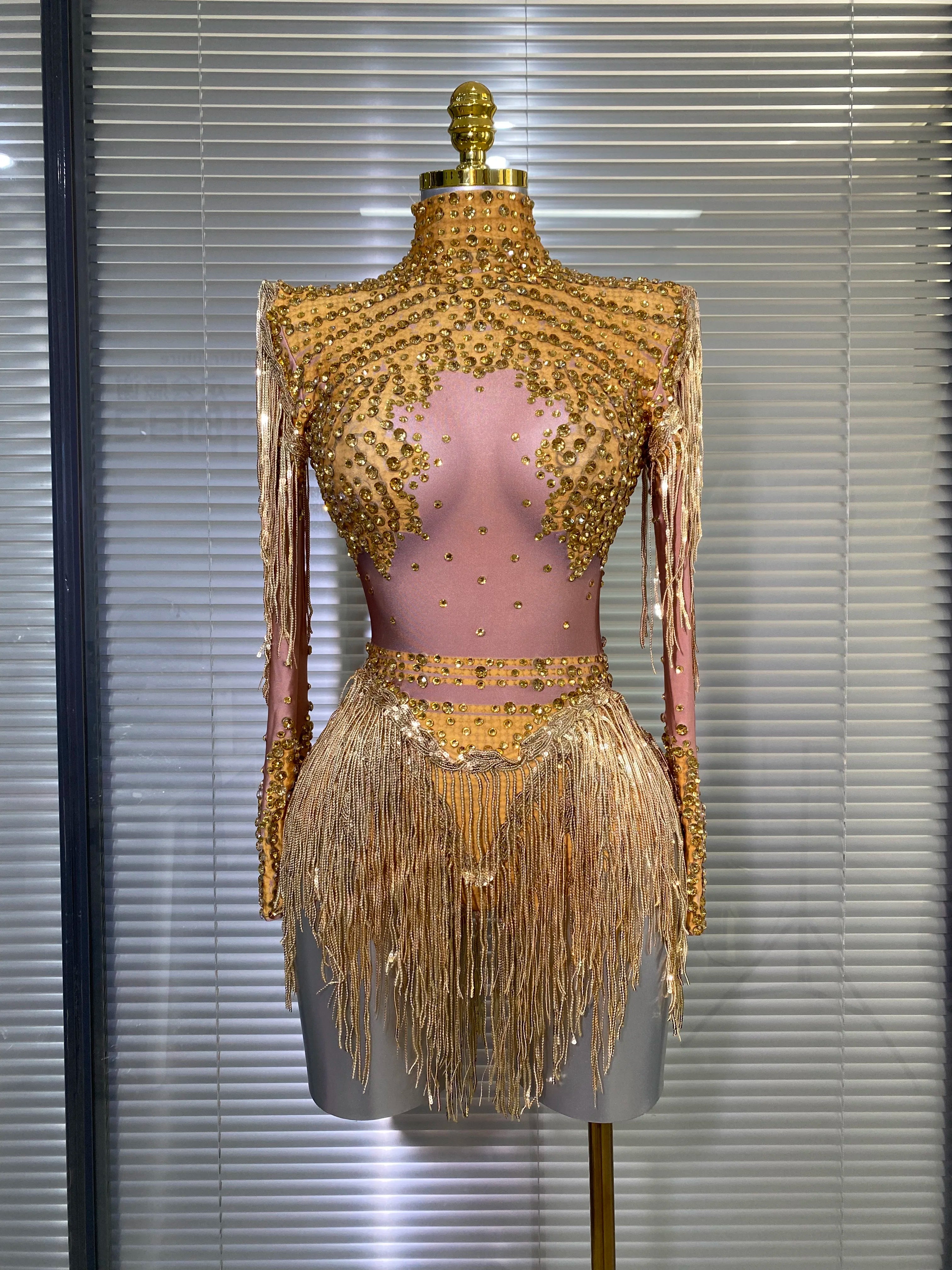 Women Sexy Skin Whtie Red Gold Crystal Stretchy Night Club Singer Dancer Tassel Dancer Red Stage Costume Party Bodysuit