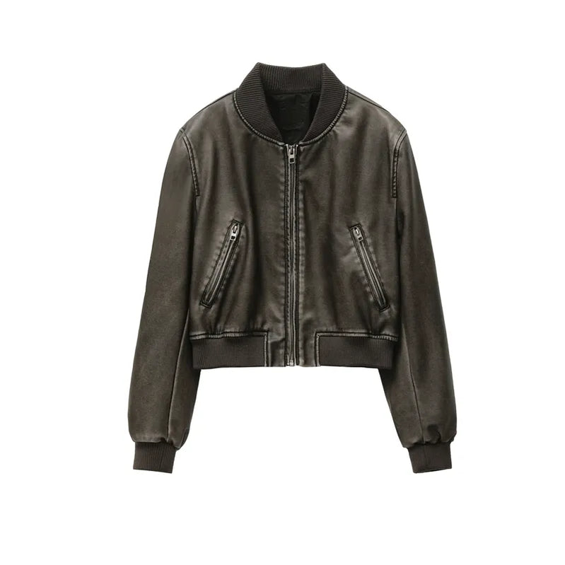 Vintage imitation leather bomber jacket coat top women's style picture