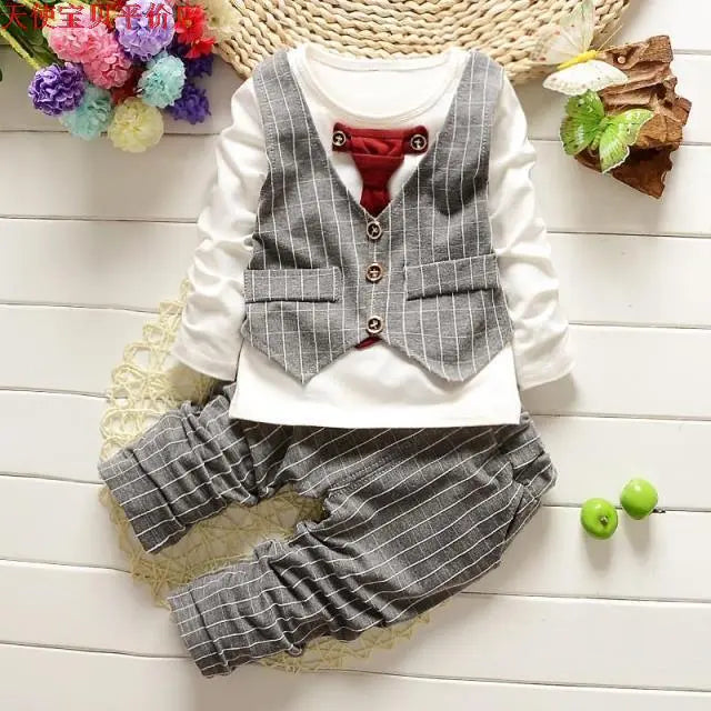 Kids Thinner Clothes Sets Spring Autumn Tracksuit Baby Boys Kid Long Sleeve Gentleman Suits Children T Shirt Pants Clothing Sets S0012-Gray