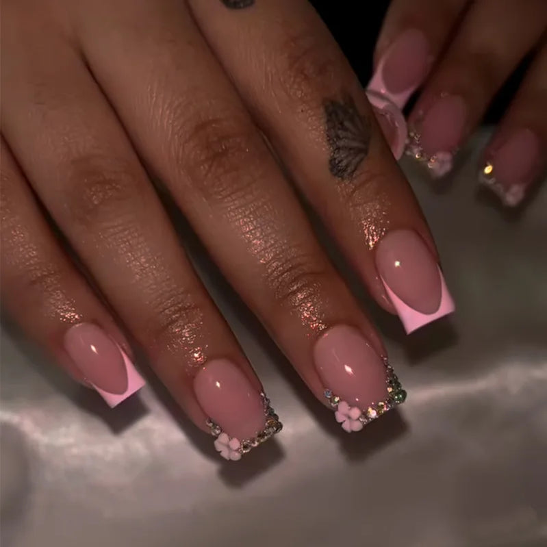 24Pcs Short Square Head French Fake Nails Press on Pink Smudge 3D Flower Design False Nails Art Detachable Full Cover Nails Tips