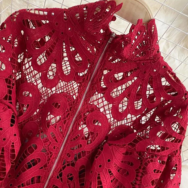 Sexy Lace Hollow Out Short Blouse Casual Lantern Long Sleeve Stand Collar Shirts Female Elegant Red/Pink/White Loose Tops