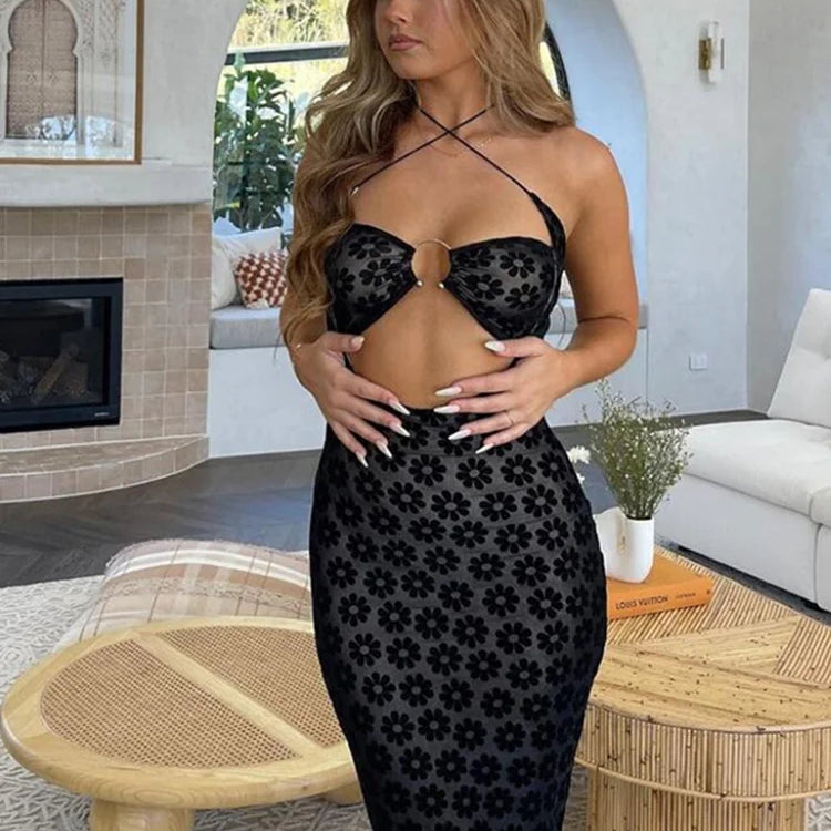 Nibber Solid Color Hanging Neck Maxi Dress Sexy Hollow Women Perspective Bag Hips Robe Female Street Trendy Dresses Clothing