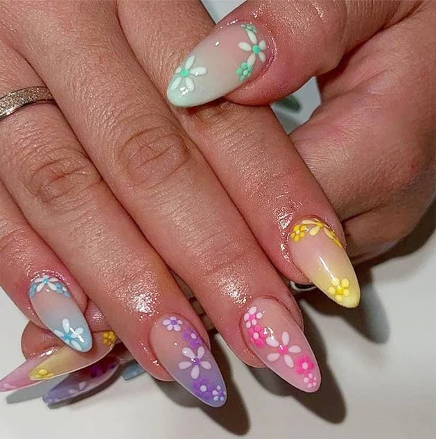 24Pcs Mid-length Almond Full Cover Nails Tips Colorful Star with Design Fake Nails Art Detachable Finished Press on False Nails