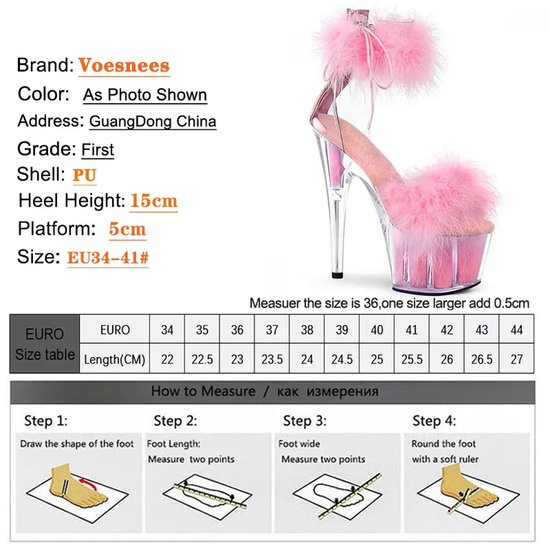 New Cover Heels Buckle Strap Women Sandals Platform Open Toe Color Feather Bride's Wed-ding Shoes Stripper Nightclub Party Heels