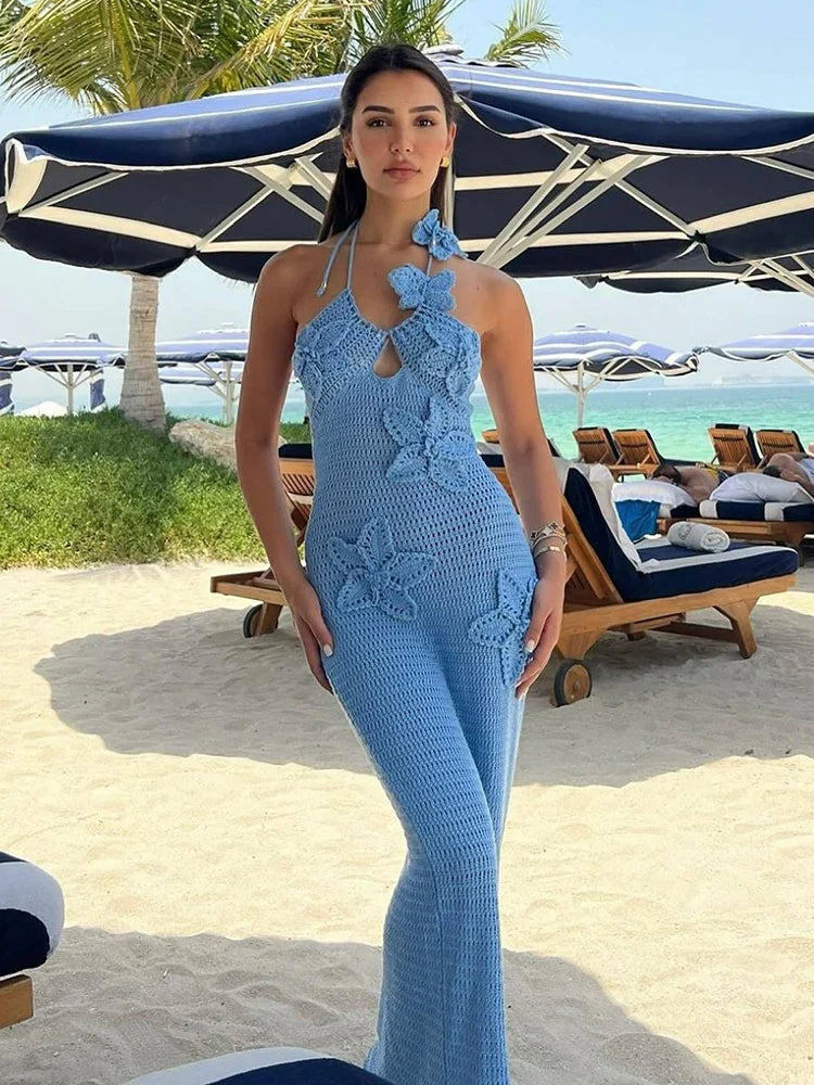 Elegant Hollow Out Knit Maxi Dress Women Sexy Floral Halter Sleeveless Holidays Beach Dress Summer Backless Dress White