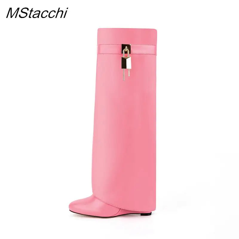 Lock Metal Buckle Women Knee High Boots Wedges Shoes For Woman Punk Style Round Toe Zipper Cowboy Boots Trend 2025 Female Shoes