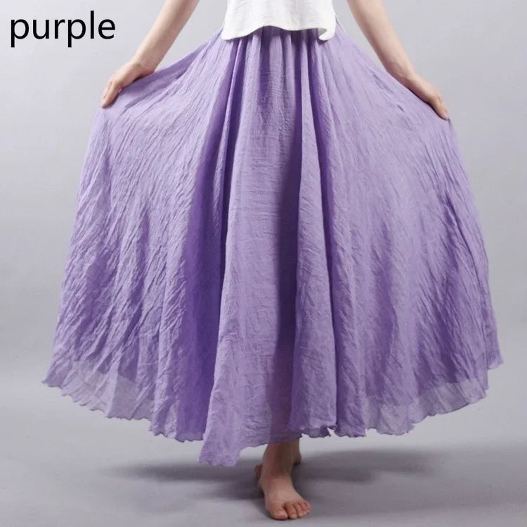 14 Colors Linen Maxi Skirt Pleated Vintage Boho Maxi Long Casual Cotton Beach Skirt Empire A-Line Linen Skirt Ladies Clothing PURPLE One Size