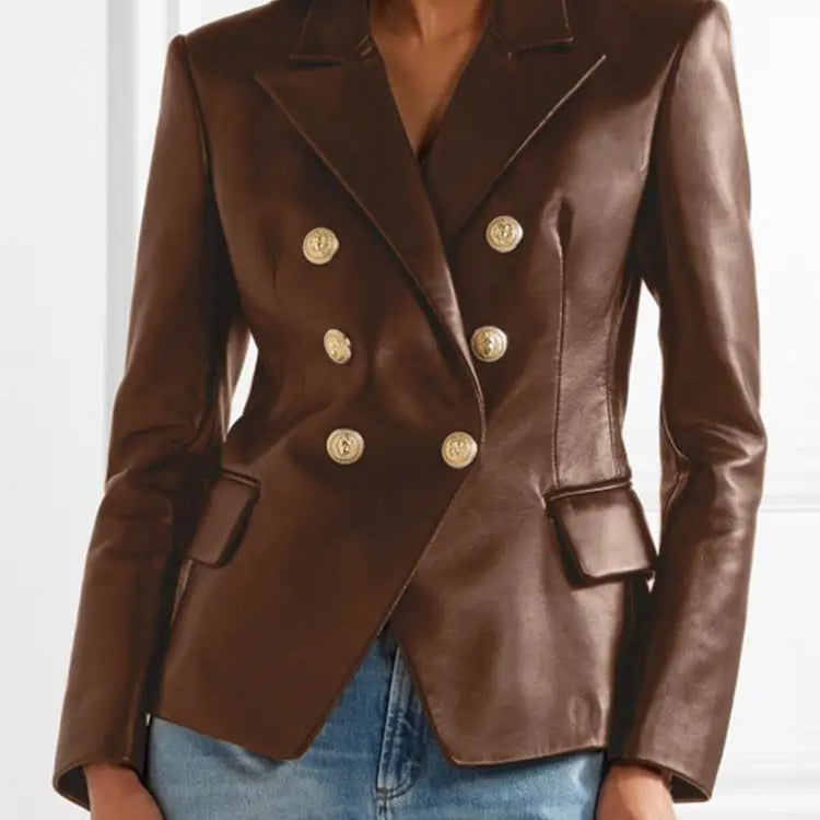 Solid Work Outerwear Women PU Leather Jacket Autumn Buttons Thin Blazer Vintage Long Sleeve Casual Lapel Collar Coat