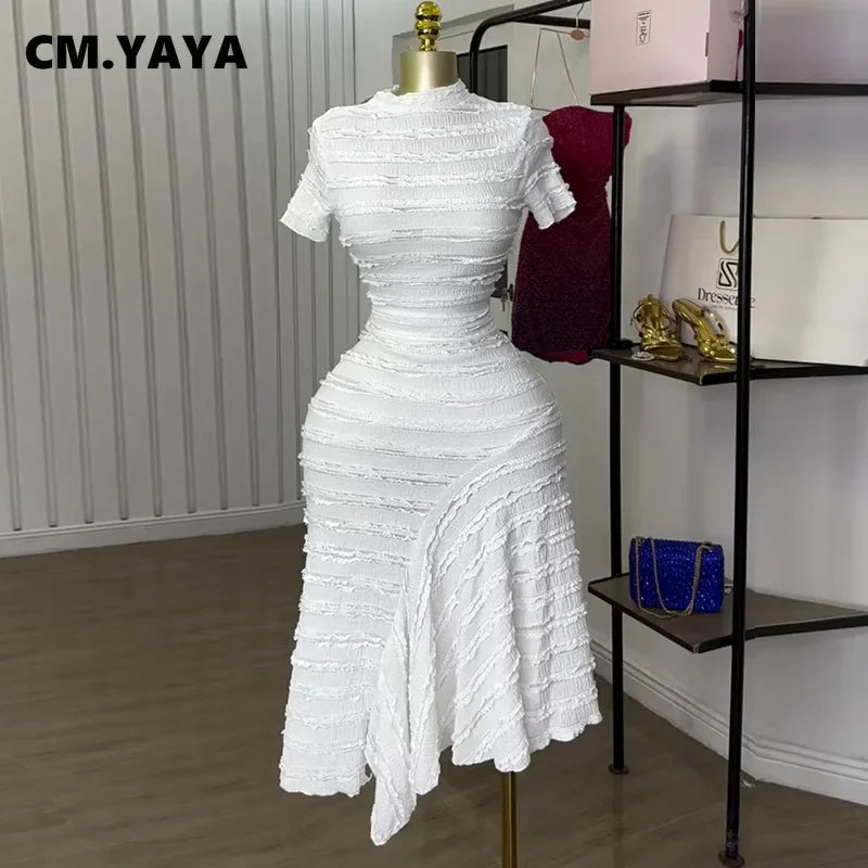 CM.YAYA Women Short Sleeve O-neck Big Swing Elastic Dress 2025 Sweet Elegant Sexy Birthday Beach Night Party Vestidos Dresses
