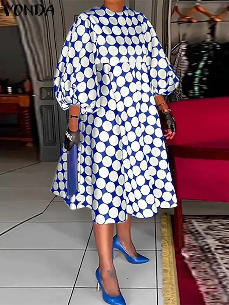 Plus Size Fashion Women Polka Dot Bohemian Dress Casual Printed Midi Sundress Summer Lantern Sleeve Loose Party Robe Blue
