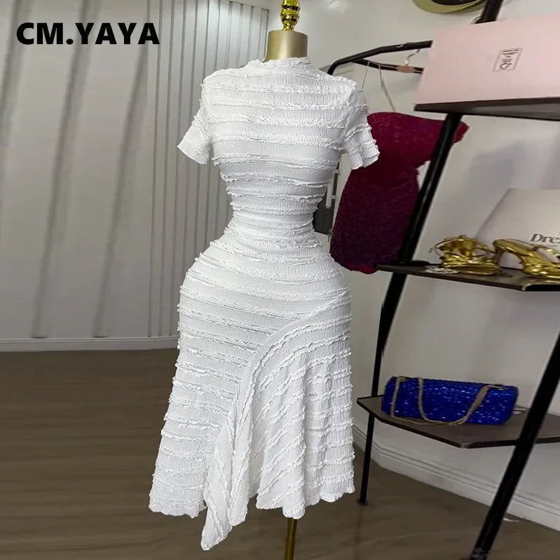 CM.YAYA Women Short Sleeve O-neck Big Swing Elastic Dress 2025 Sweet Elegant Sexy Birthday Beach Night Party Vestidos Dresses