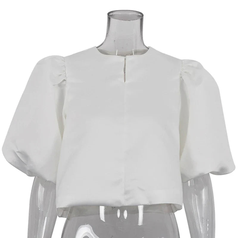 Women‘s White Shirt Fashion Elegant Bubble Sleeve Blouses Women Tops White