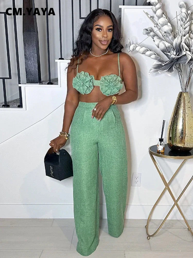 CM.YAYA Streetwear Women's Set Sleeveless 3D Flower Crop Bra Top+Wide Leg Pants Elegant beach holiday Two 2 Piece Set Outfits