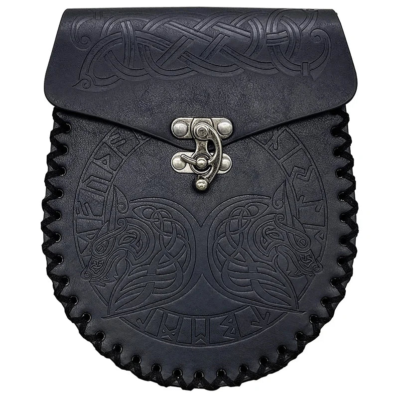 Leather Medieval Waist Pack, Vintage Handwork Belt Pouch Waist Bag Leather Belt Pouch Medieval Pouch Nordic Embossed Bag black2