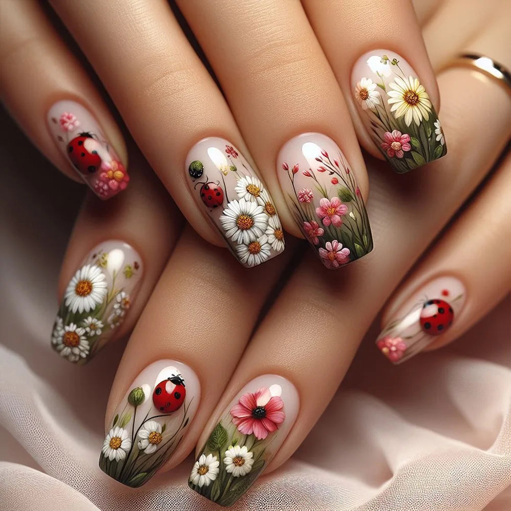 24pcs Short Square Fake Nails Acrylic Vivid False Nails Ladybug Butterfly Flower Press on Nails Garden Plants Nail Art Ballet
