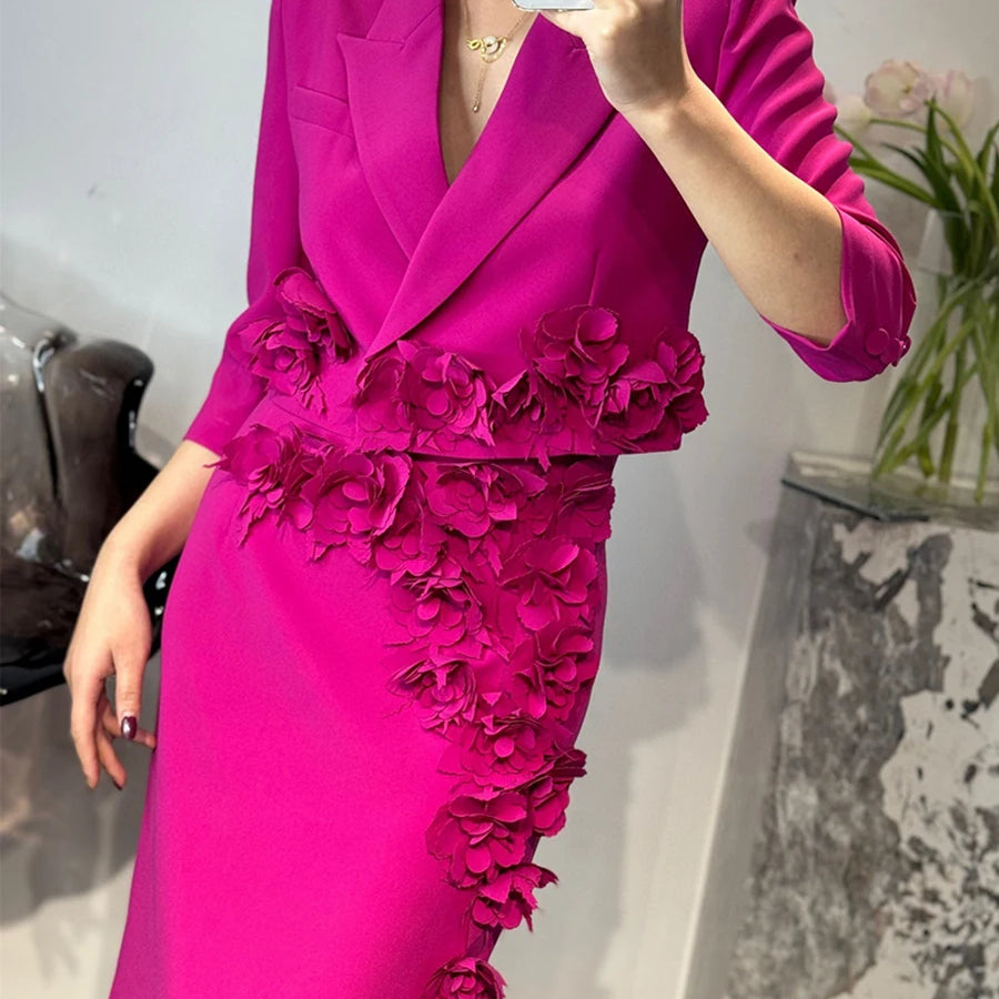 TWOTWINSTYLE Solid Slimming Spliced 3D Flower Two Piece Sets for Women Lapel Half Sleeves Short Top High Waist Skirt Set Female