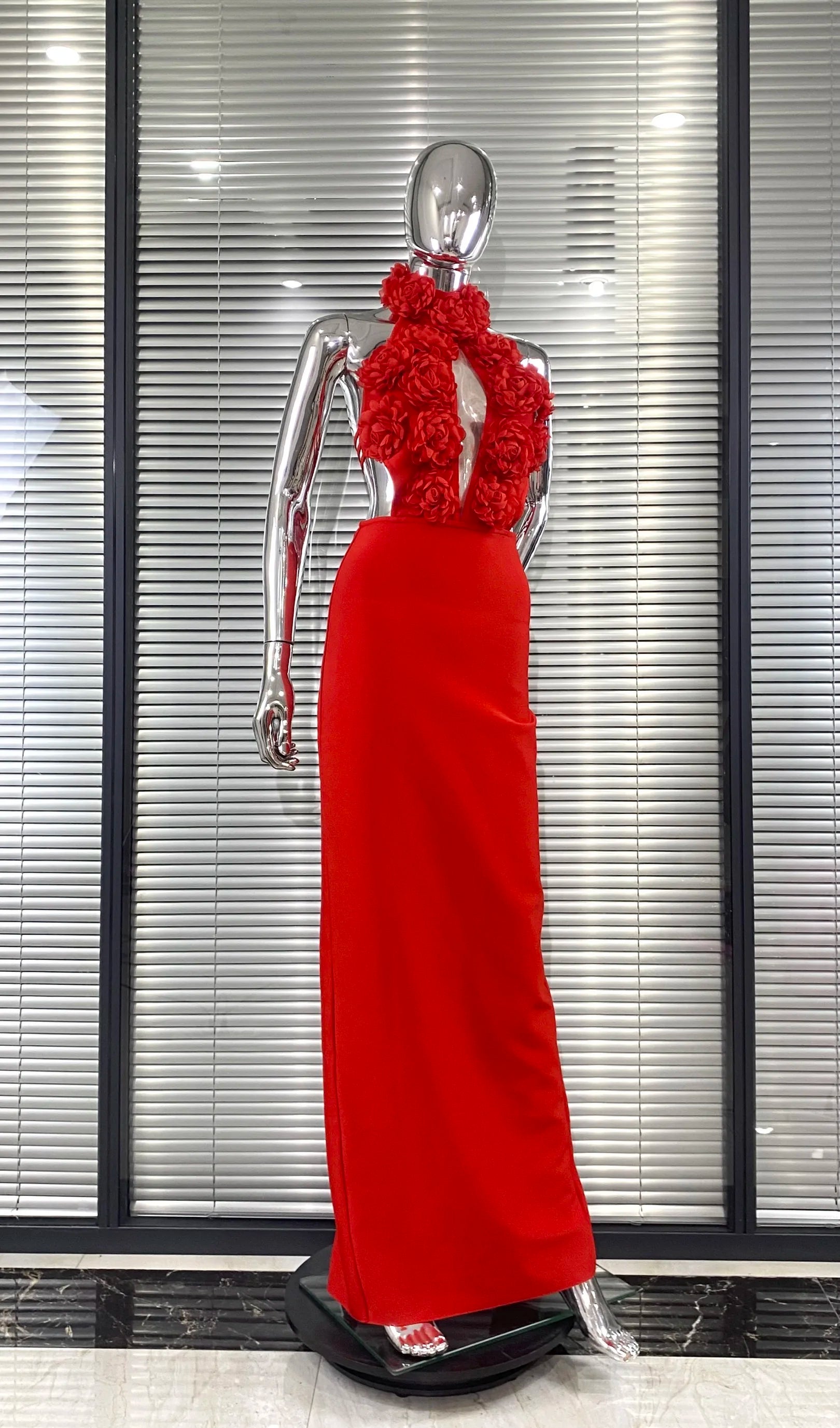 Red Color Women Sexy Halter Backless Off the Shoulder Florals Bodycon Long Bandage Dress Wedding Mermaid Celebrate Birthday Wear