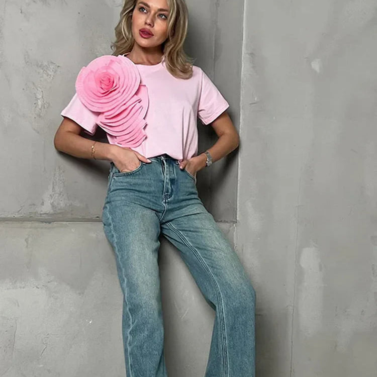 Elegant Lady 3D Pleated Flower Solid T Shirt Fashion Round Neck Short Sleeves Tops Spring Summer Casual Women Street Wear