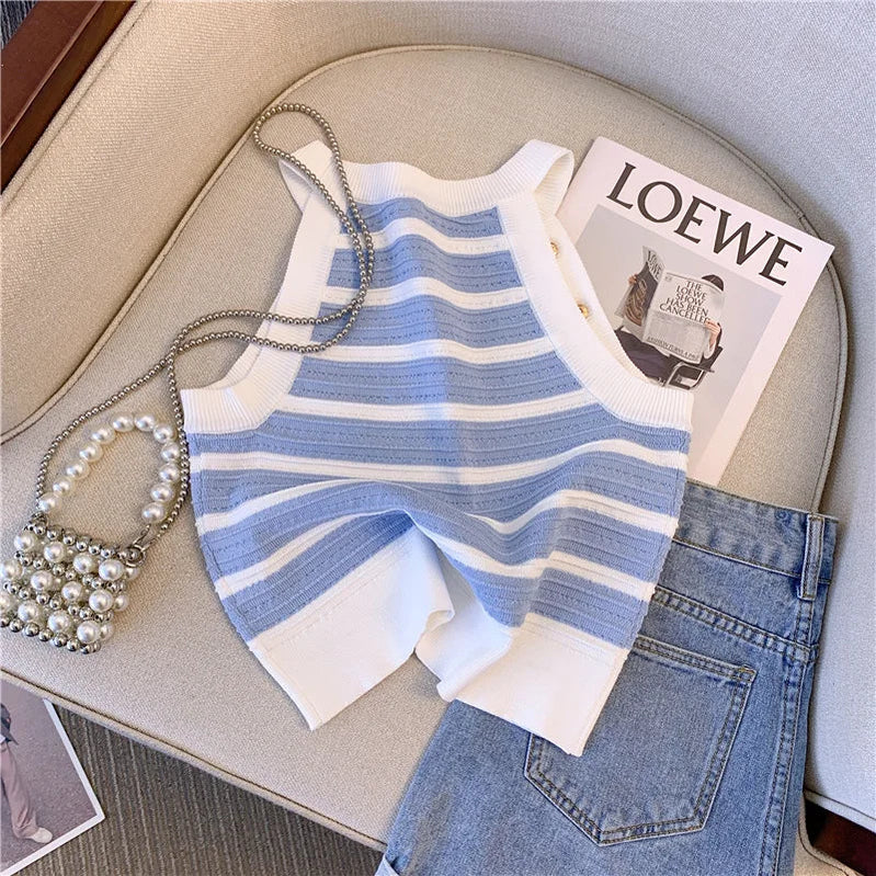 Halter Slim Striped Knitted Vests Women Crop Tops Summer Sleeveless Gold Buttons Knitwear Sexy Elegant Streetwear Vests