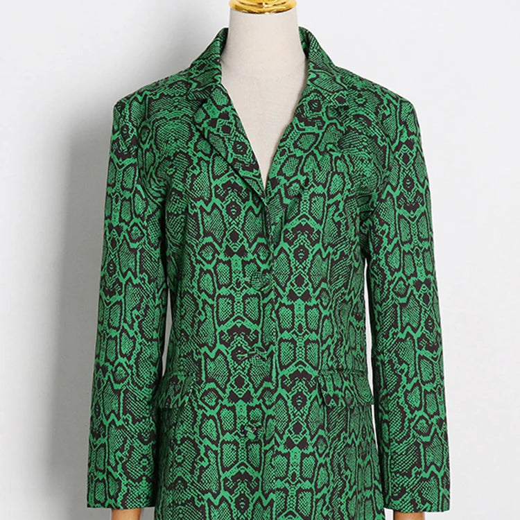 Leopard Temperament Blazer For Women Notched Collar Long Sleeve Tunic Patchwork Pocket Chic Blazers Female Fashion Clothing Green