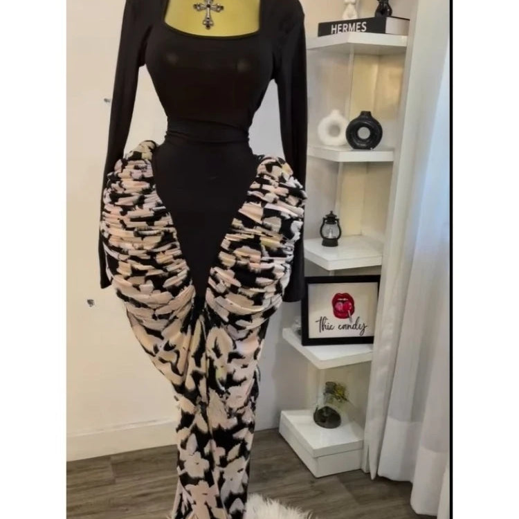 CM.YAYA Women Print Patchwork Stacked Ruched Long Sleeve Bodycon Midi Maxi Long Dress 2025 Birthday Vacation Sexy Party Dresses