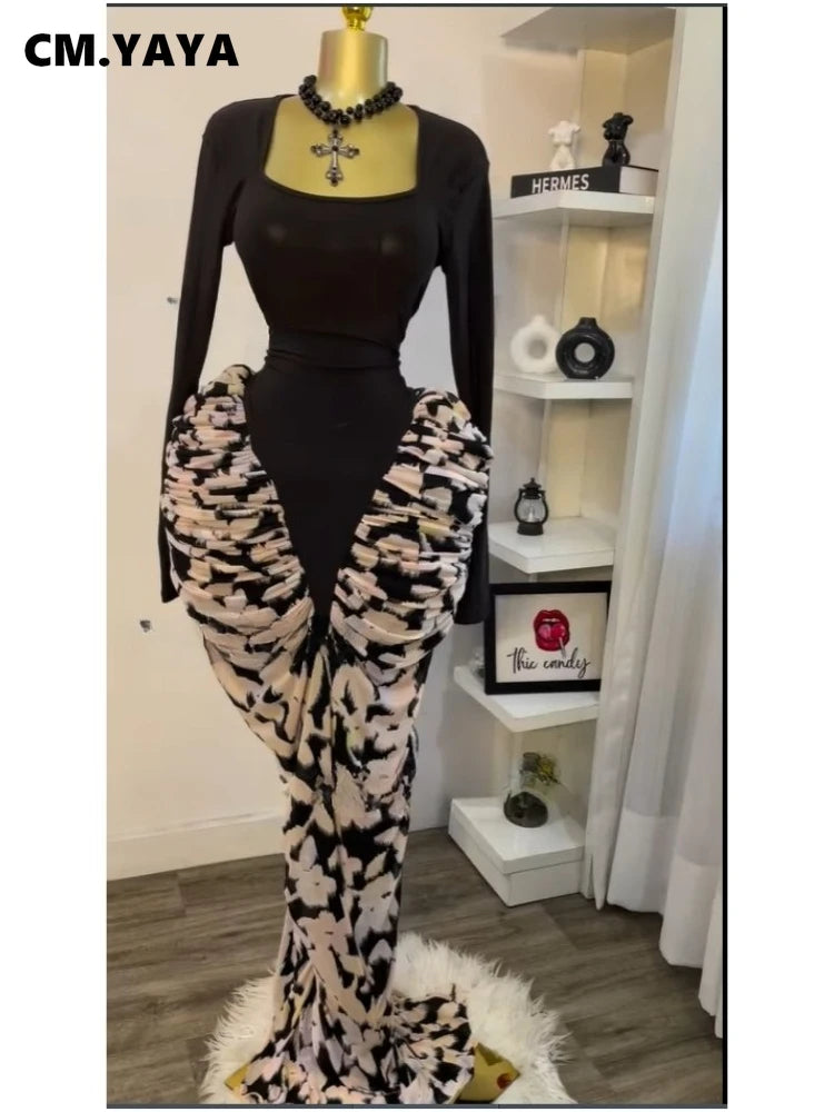 CM.YAYA Women Print Patchwork Stacked Ruched Long Sleeve Bodycon Midi Maxi Long Dress 2025 Birthday Vacation Sexy Party Dresses