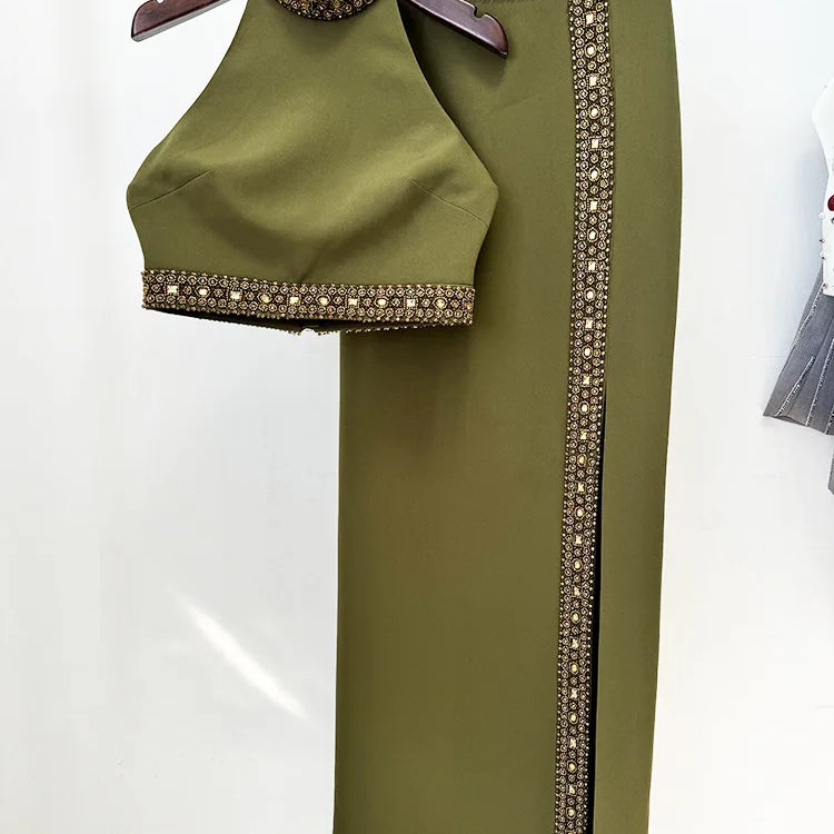 Spring Women Sexy Beading Tank Tops High Split Bodycon Long Skirts Set Elegant Evening Party Birthday Dress Vestido