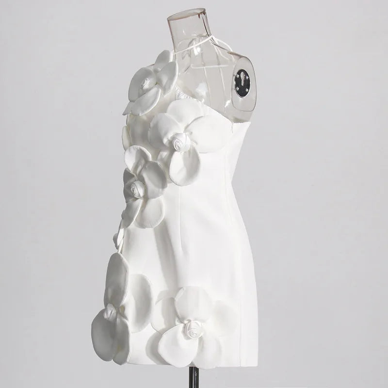White Color Women Sexy Halter Backless Off the Shoulder Bodycon Mini Dress Florals Birthday Party Celebrate Vacation Dress
