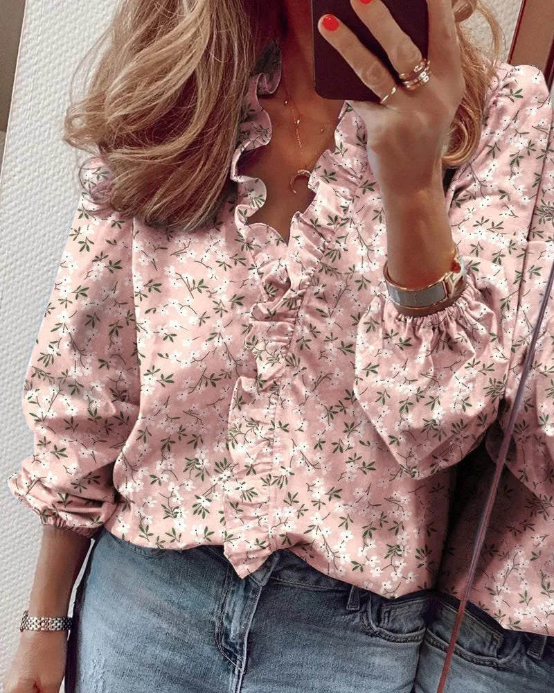 European and American long sleeved ruffled shirt for women's shirts in spring and summer Pink