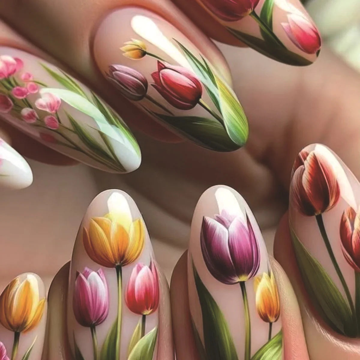 24Pcs Press on False Nails Simple Garden Fresh Flowers Design Sweet Fake Nails Tips Art Wearable Almond Stiletto Oval Manicure