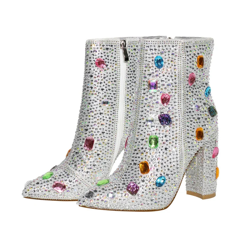 Onlymaker Women Rhinestones Ankle Boots Pointed Toe Zipper Luxury Bling Party Dress Big Size Lady Booties CD230920A
