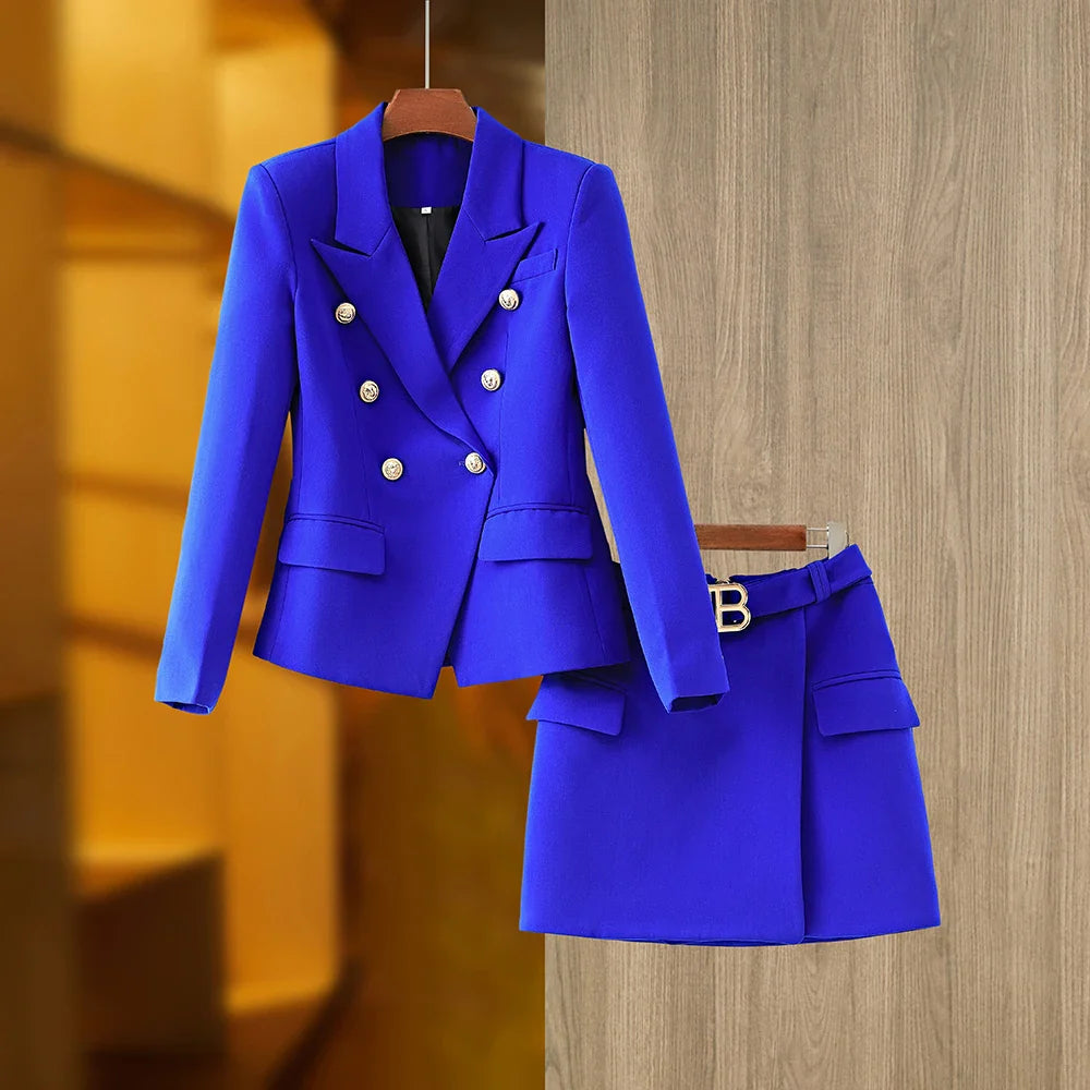 HarleyFashion Gorgeous Design Women 2PCS Blazer Suits Solid Color Summer Blue Skirt Twin Sets Mini Street Clothing for Lady Blue